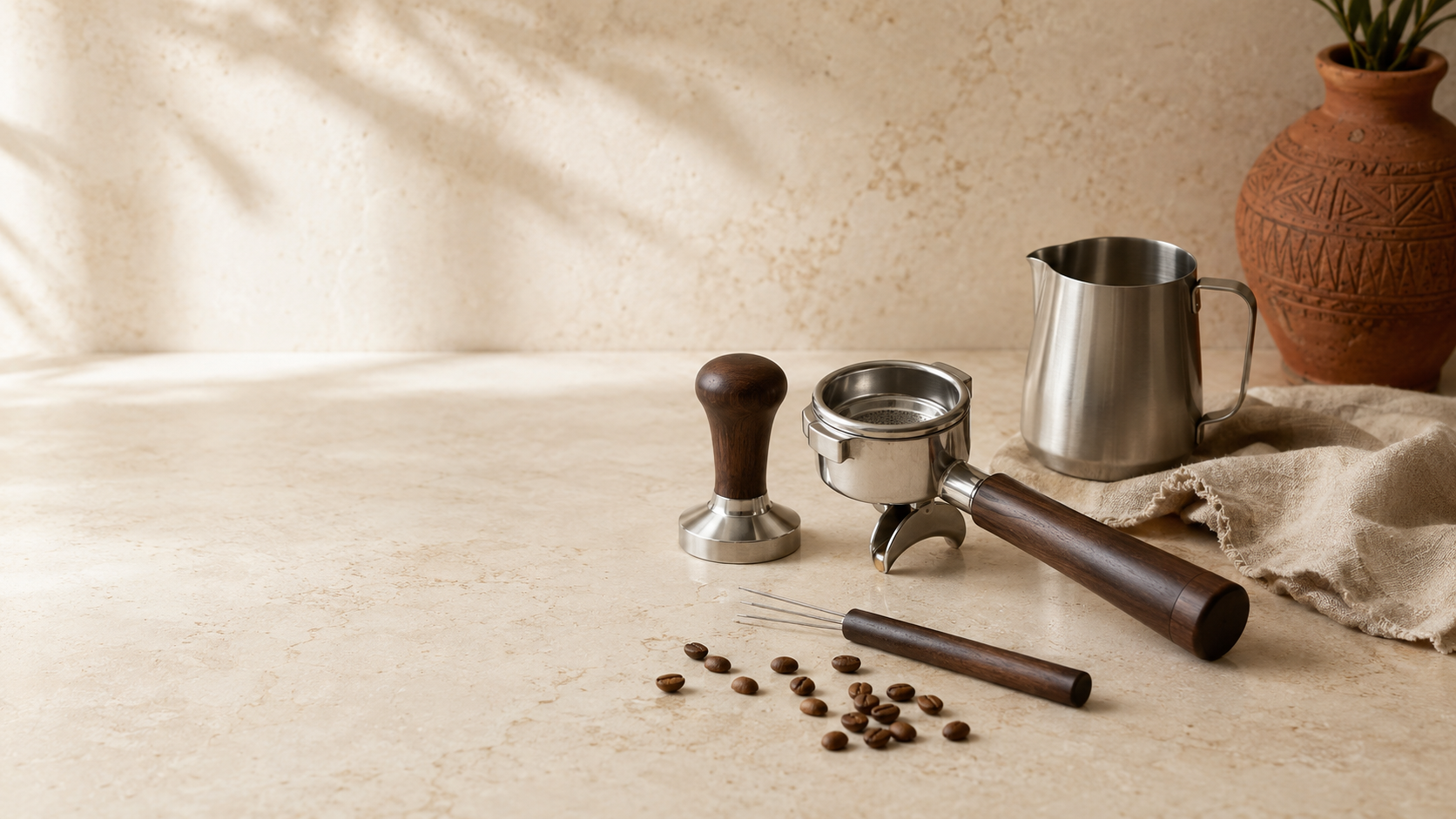 Accessoires pour espresso disposés sur un plan de travail clair